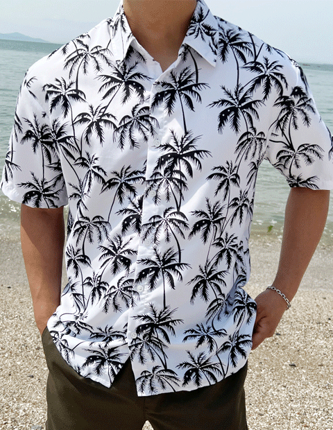 야자수 화이트 오버핏 하와이안 반팔 셔츠